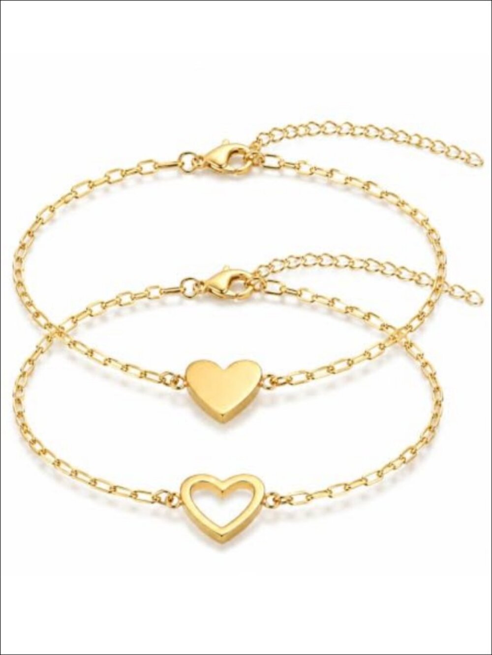 14K Gold Plated Stainless Steel Heart Bracelet Set Adjustable Matching